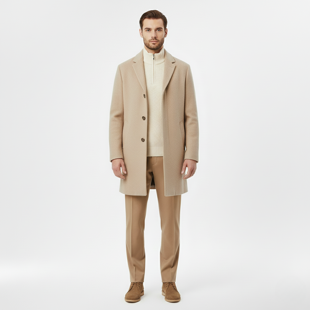 Męski Taliowany Płaszcz w Neutralnym Odcieniu
