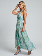 Pleated Halter Soft Floral Midi Dress - Summer Elegant Style for Women