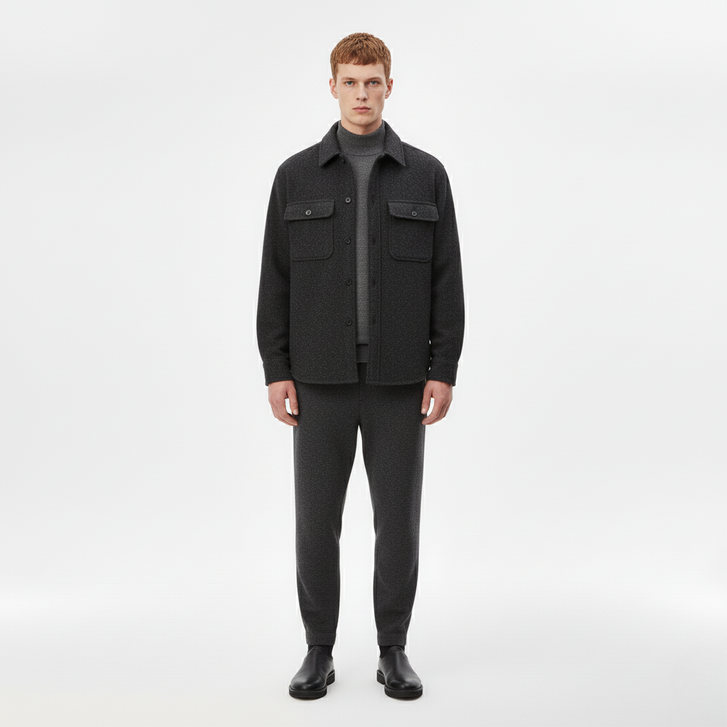 Męska Stylizacja z Ciemnoszarą Koszulą Ocieplaną