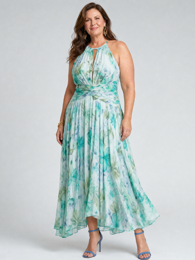 Pleated Halter Soft Floral Midi Dress - Summer Elegant Style for Women