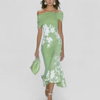 Elegant Off-Shoulder Midi Dress, Tailored Fit and Delicate Floral Design