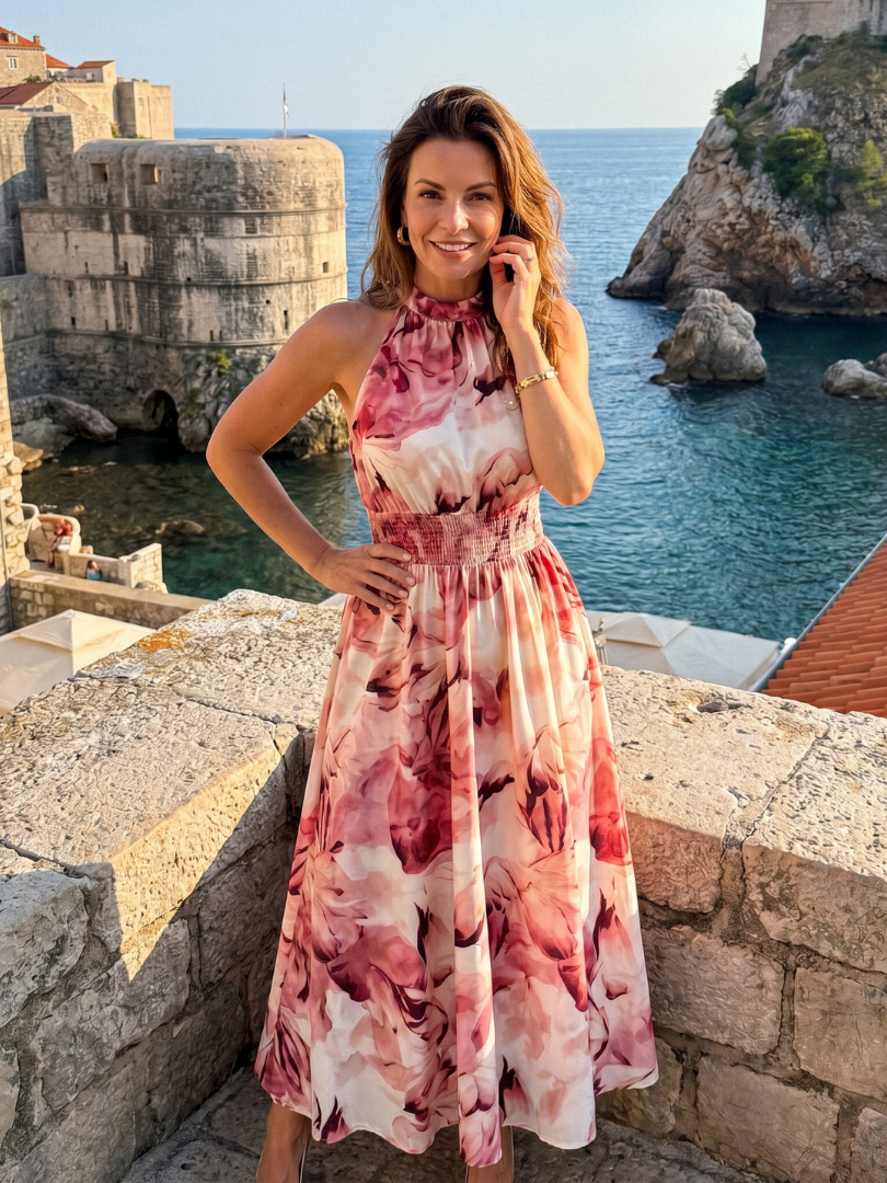 Gathered Waist Abstract Print Midi Dress - Summer Elegant Style