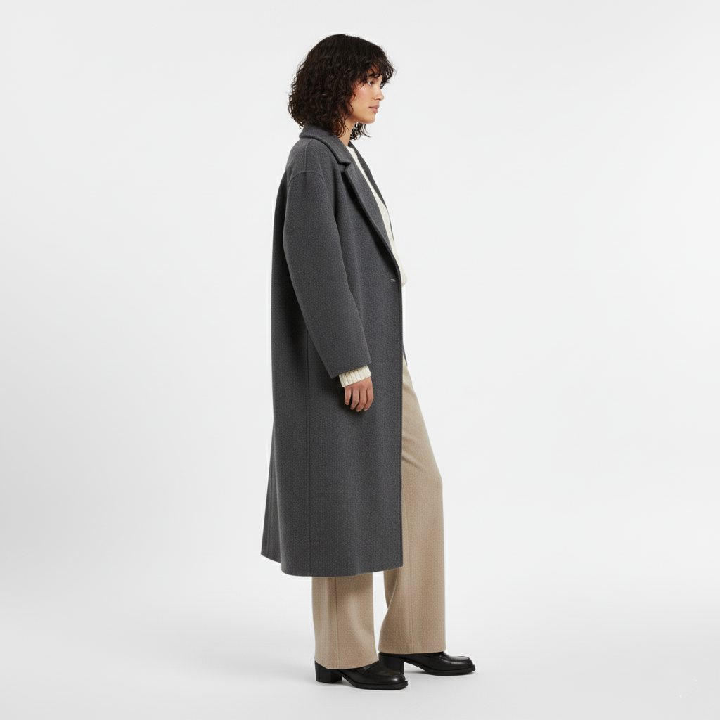 Długi Zimowy Płaszcz z Mieszanki Wełny