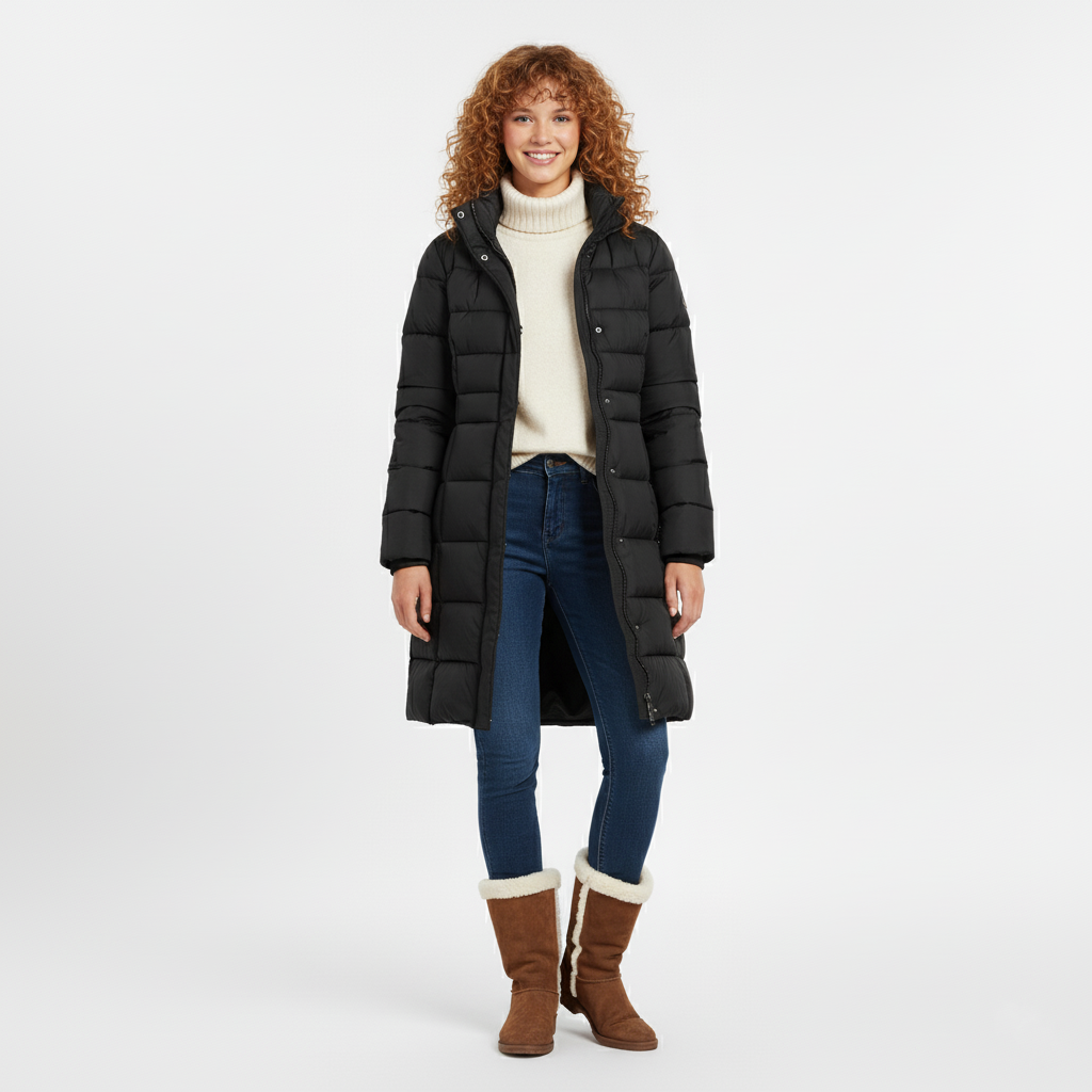 Długi Pikowany Płaszcz Zimowy Puchowy