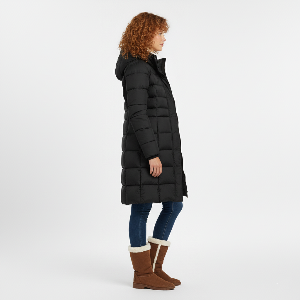 Długi Pikowany Płaszcz Zimowy Puchowy