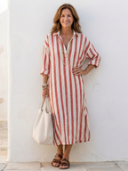Elegant midi shirt dress women striped long sleeve button down chic comfort