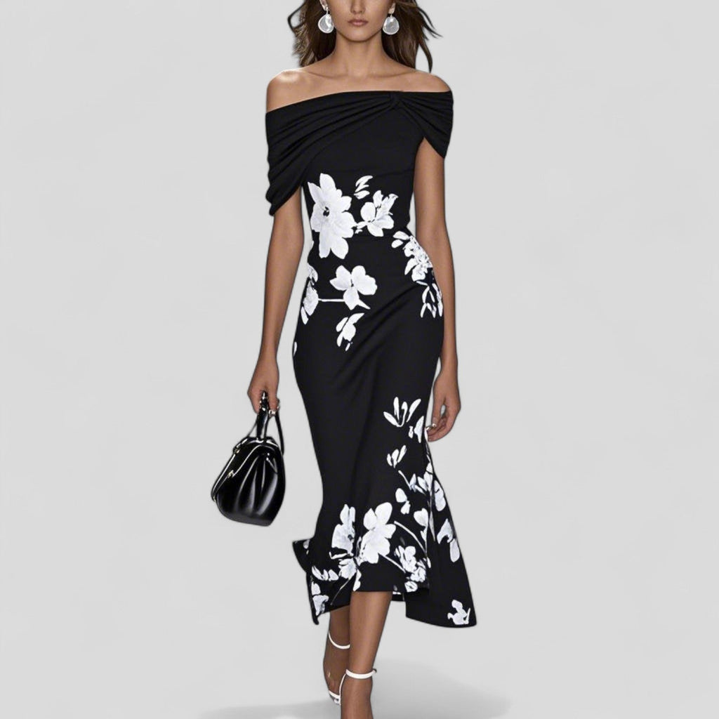 Elegant Off-Shoulder Midi Dress, Tailored Fit and Delicate Floral Design
