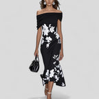 Elegant Off-Shoulder Midi Dress, Tailored Fit and Delicate Floral Design