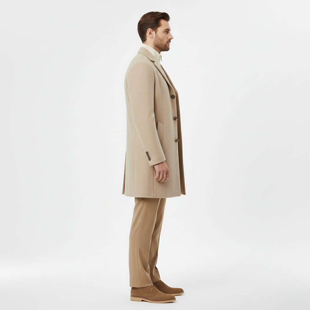 Męski Taliowany Płaszcz w Neutralnym Odcieniu